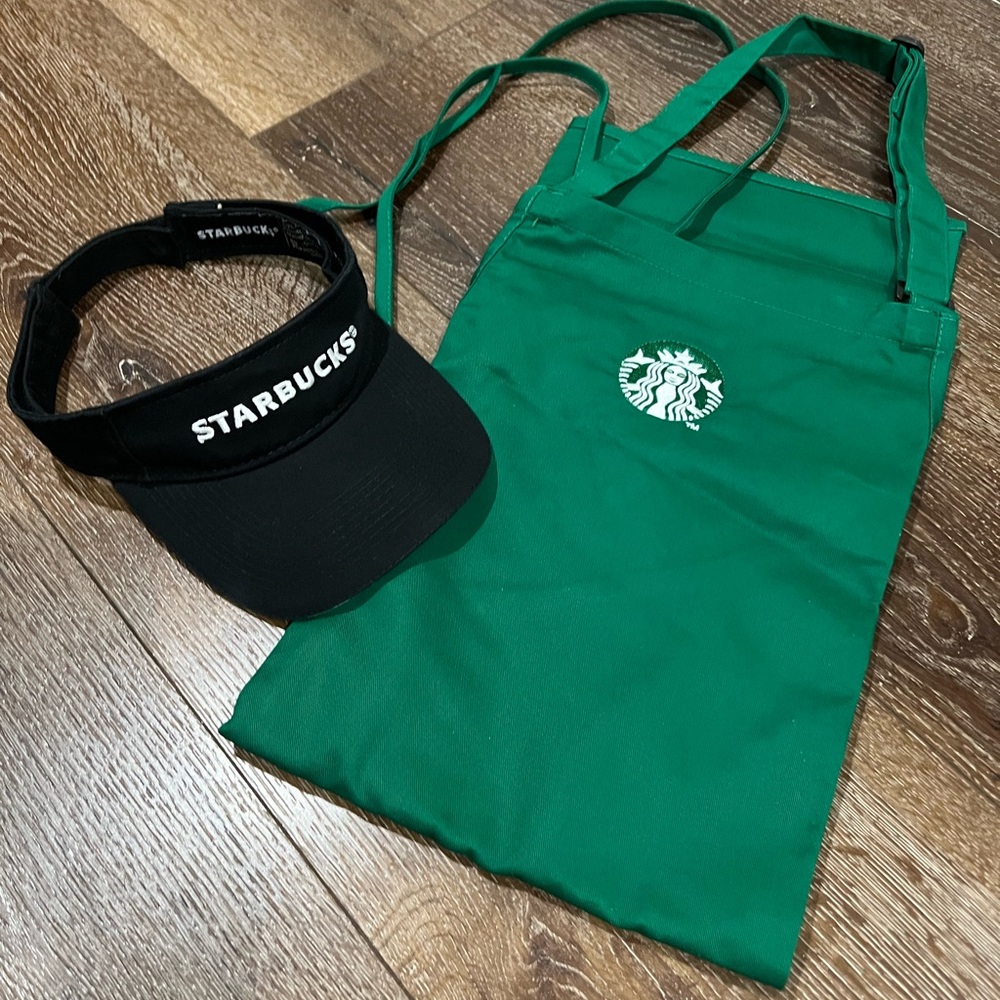 NWOT Starbucks Green Apron with Black Logo Visor 2 total
